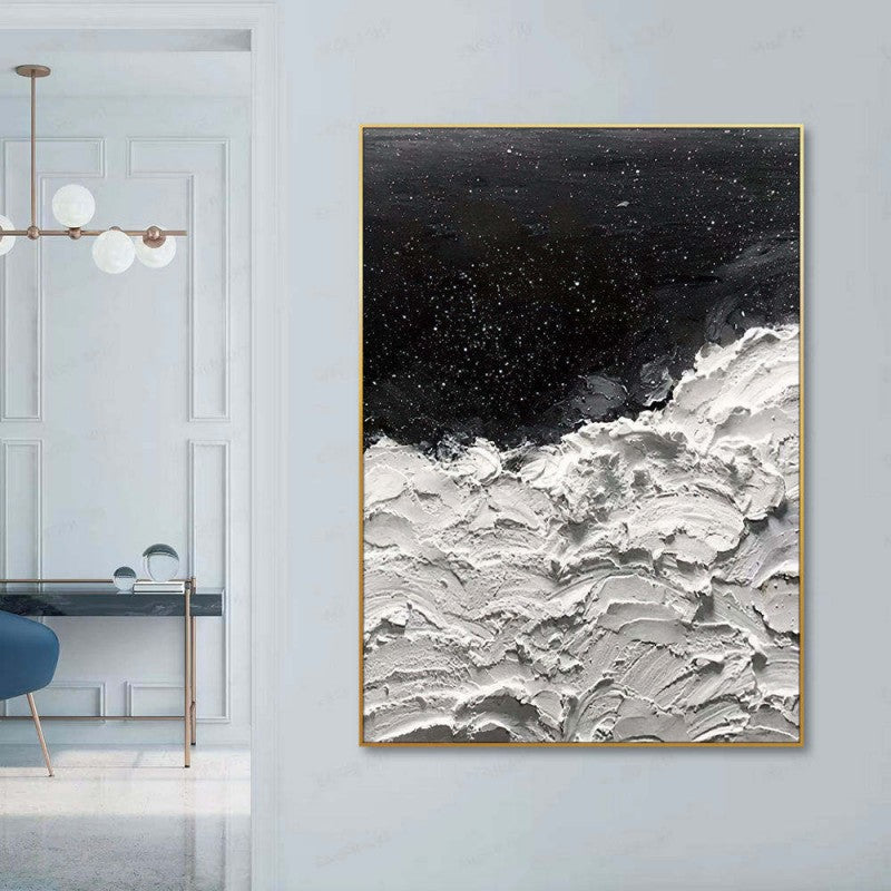Handmade Thick Abstract Oil Painting Canvas Wall Art Decoration Modern New Design Origianl Art Oceans Of Stars Black And White Seawave Wall Art Decor For Home Decor Rolled Frameless Painting